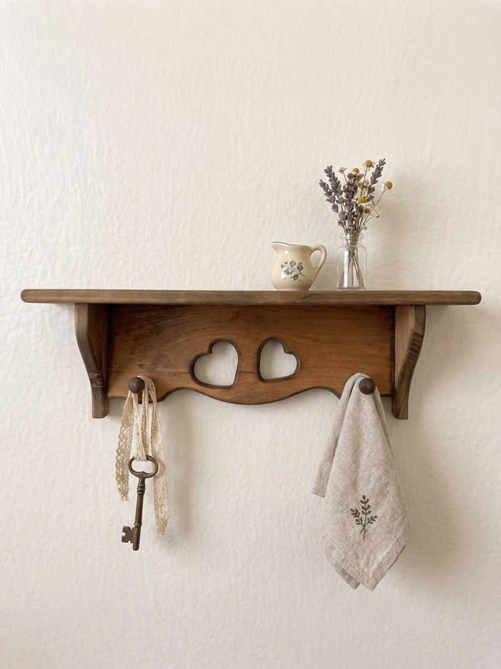 Cottage-Core Shaker Peg Wooden Heart Wall Shelf